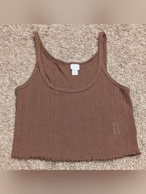 Colsie (Target) Brown Pointelle Crop Cami Tank Top Lettuce Trim Ribbed Eyelet
